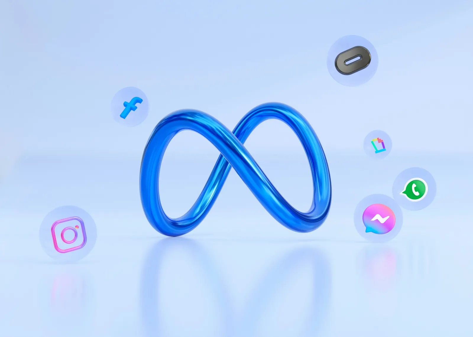 Meta 3D logo with Facebook, Instagram, messenger and WhatsApp logos.